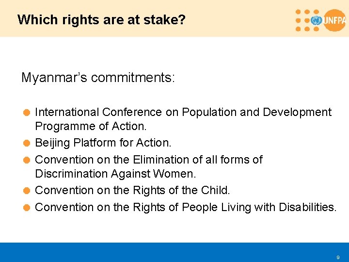 Which rights are at stake? Myanmar’s commitments: = International Conference on Population and Development