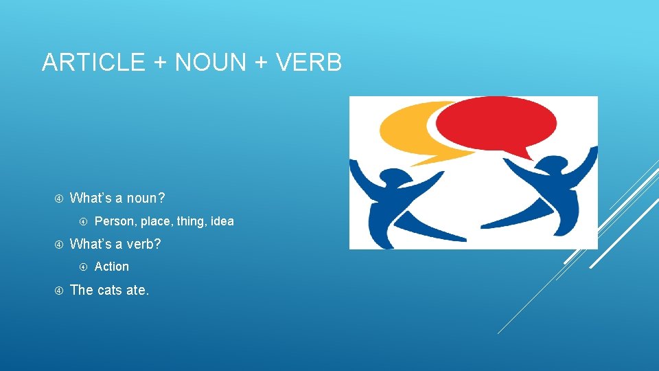 ARTICLE + NOUN + VERB What’s a noun? What’s a verb? Person, place, thing,