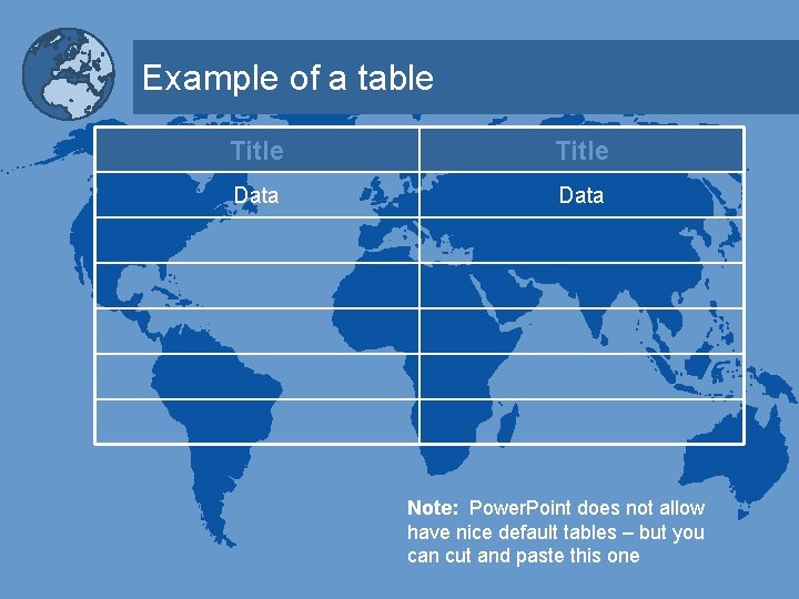 Example of a table Title Data Note: Power. Point does not allow have nice