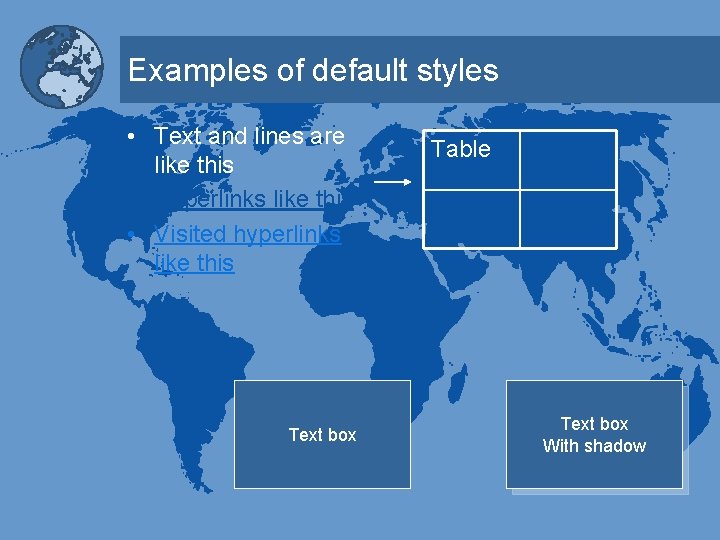 Examples of default styles • Text and lines are like this • Hyperlinks like