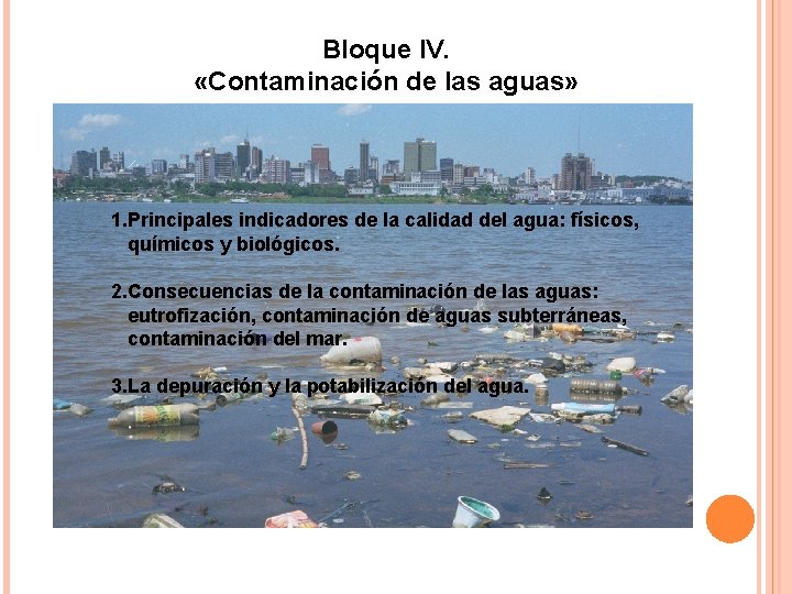 Bloque IV. «Contaminación de las aguas» 1. Principales indicadores de la calidad del agua:
