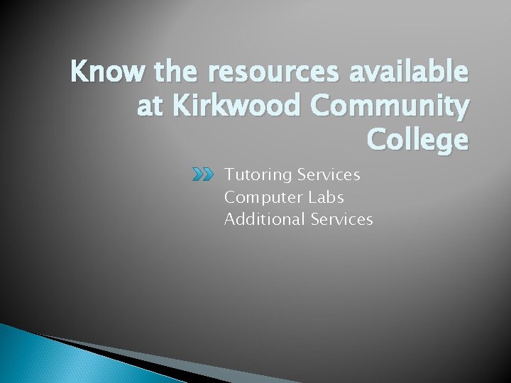 Know the resources available at Kirkwood Community College Tutoring Services Computer Labs Additional Services