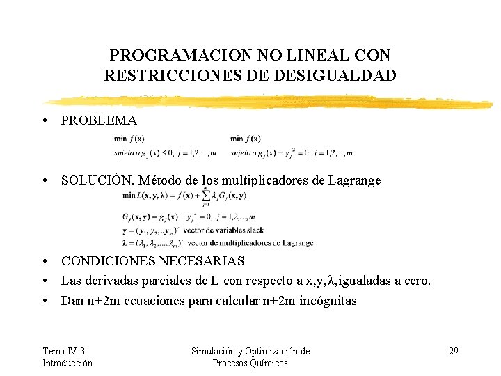 PROGRAMACION NO LINEAL CON RESTRICCIONES DE DESIGUALDAD • PROBLEMA • SOLUCIÓN. Método de los