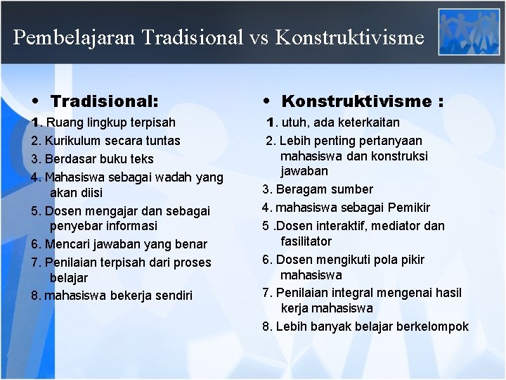 Pembelajaran Tradisional vs Konstruktivisme • Tradisional: • Konstruktivisme : 1. Ruang lingkup terpisah 2.