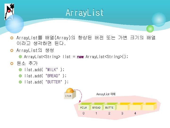 Array. List ¢ Array. List를 배열(Array)의 향상된 버전 또는 가변 크기의 배열 이라고 생각하면