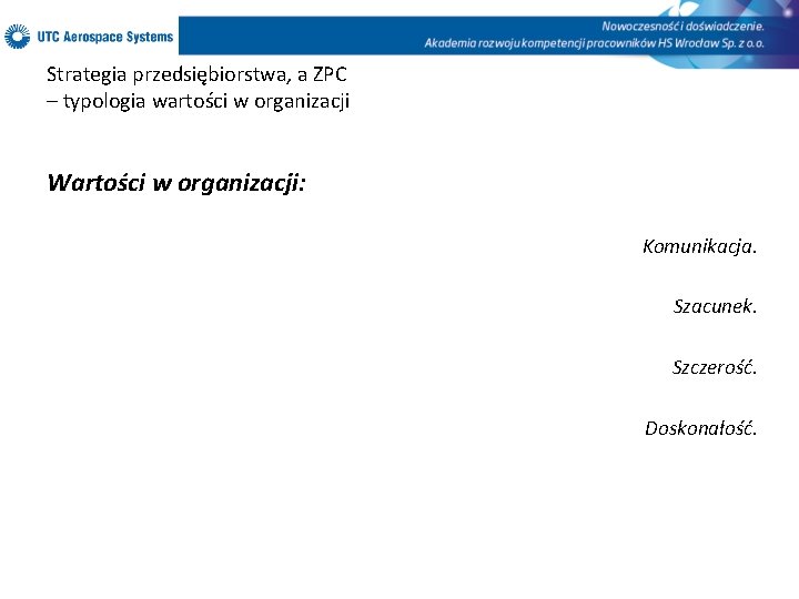 Strategia przedsiębiorstwa, a ZPC – typologia wartości w organizacji Wartości w organizacji: Komunikacja. Szacunek.