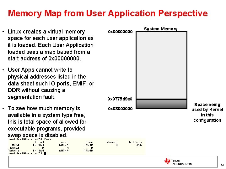 Memory Map from User Application Perspective • Linux creates a virtual memory space for
