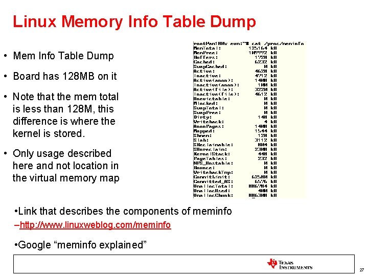 Linux Memory Info Table Dump • Mem Info Table Dump • Board has 128