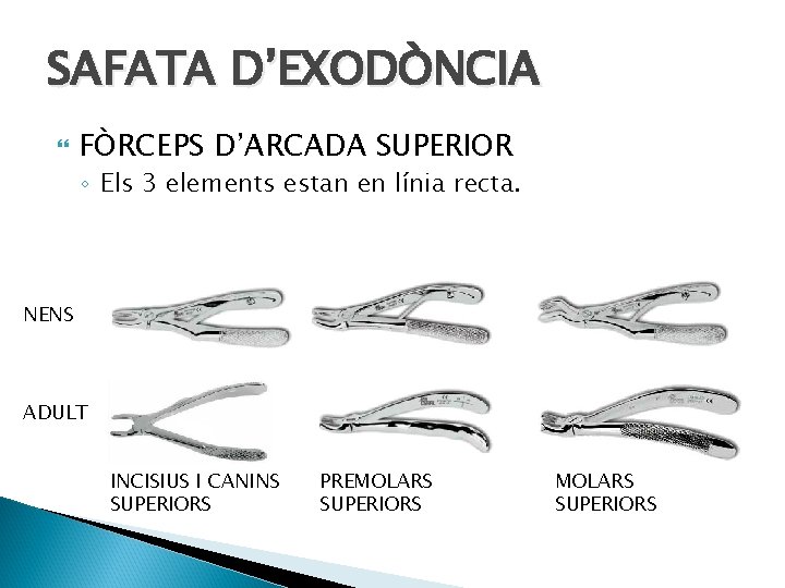 SAFATA D’EXODÒNCIA FÒRCEPS D’ARCADA SUPERIOR ◦ Els 3 elements estan en línia recta. NENS