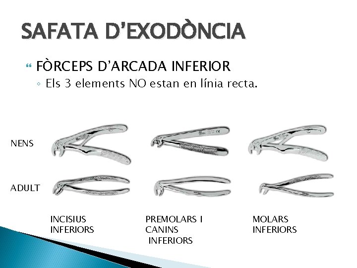 SAFATA D’EXODÒNCIA FÒRCEPS D’ARCADA INFERIOR ◦ Els 3 elements NO estan en línia recta.