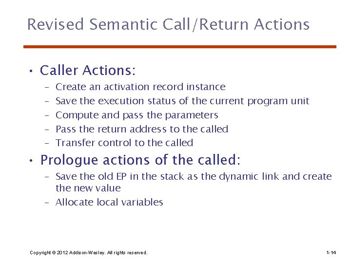 Revised Semantic Call/Return Actions • Caller Actions: – – – Create an activation record