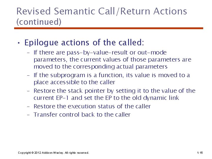 Revised Semantic Call/Return Actions (continued) • Epilogue actions of the called: – If there