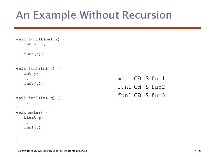 An Example Without Recursion void fun 1(float r) { int s, t; . .
