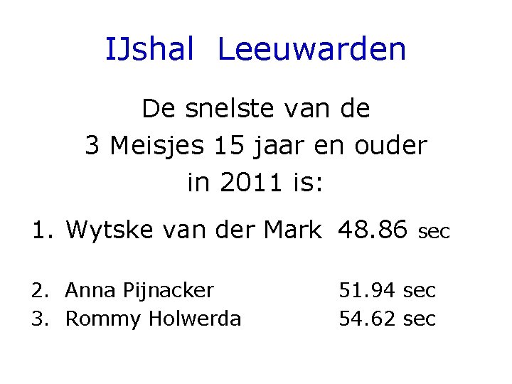 IJshal Leeuwarden De snelste van de 3 Meisjes 15 jaar en ouder in 2011