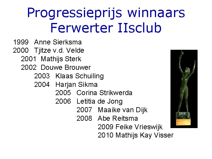 Progressieprijs winnaars Ferwerter IIsclub 1999 Anne Sierksma 2000 Tjitze v. d. Velde 2001 Mathijs