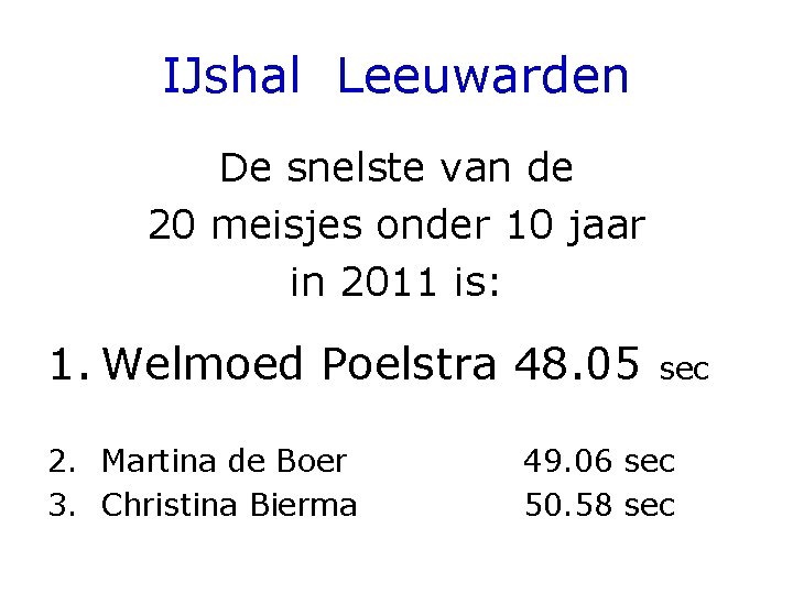 IJshal Leeuwarden De snelste van de 20 meisjes onder 10 jaar in 2011 is: