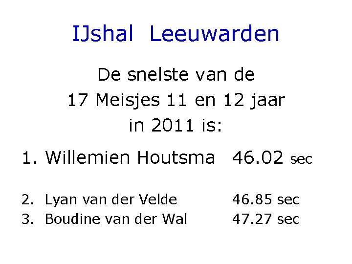 IJshal Leeuwarden De snelste van de 17 Meisjes 11 en 12 jaar in 2011