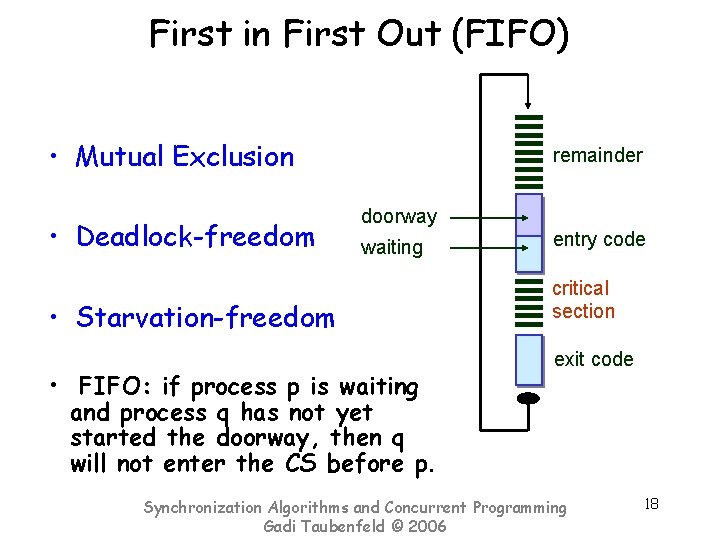 First in First Out (FIFO) • Mutual Exclusion • Deadlock-freedom remainder doorway waiting •