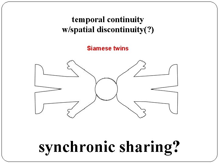 temporal continuity w/spatial discontinuity(? ) Siamese twins synchronic sharing? 