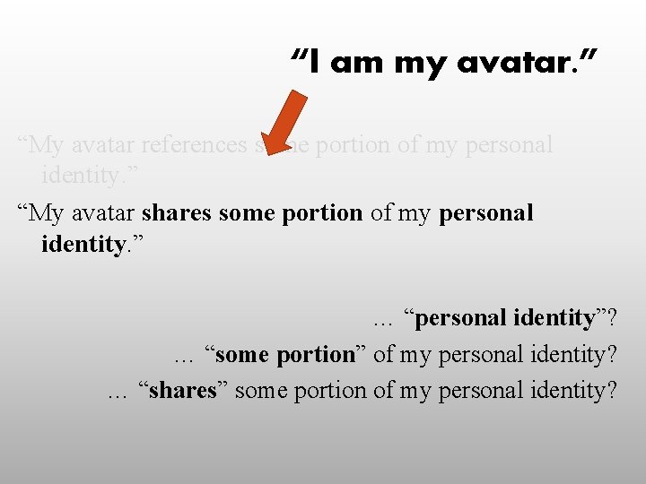 “I am my avatar. ” “My avatar references some portion of my personal identity.