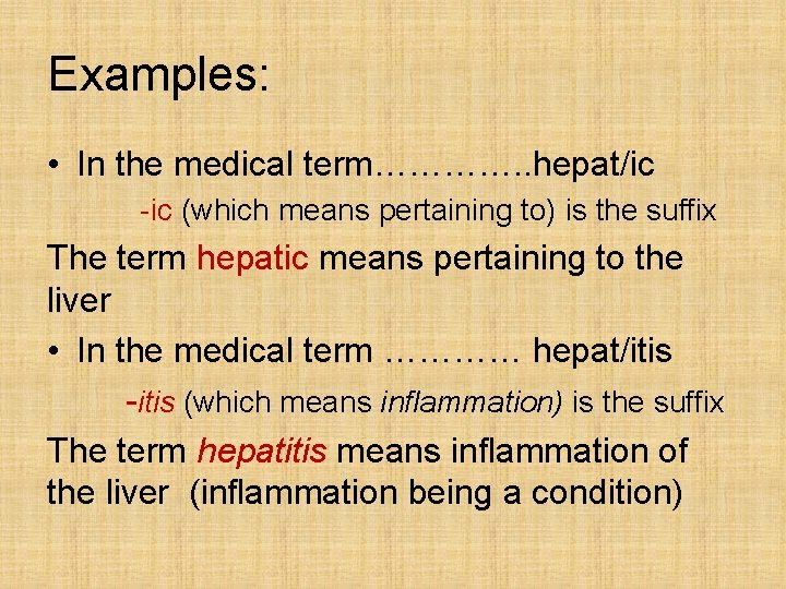 Examples: • In the medical term…………. . hepat/ic -ic (which means pertaining to) is Examples: • In the medical term…………. . hepat/ic -ic (which means pertaining to) is