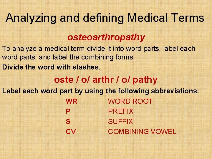 Analyzing and defining Medical Terms osteoarthropathy To analyze a medical term divide it into