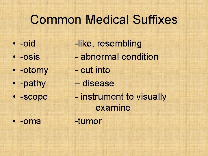 Common Medical Suffixes • • • -oid -osis -otomy -pathy -scope • -oma -like, Common Medical Suffixes • • • -oid -osis -otomy -pathy -scope • -oma -like,