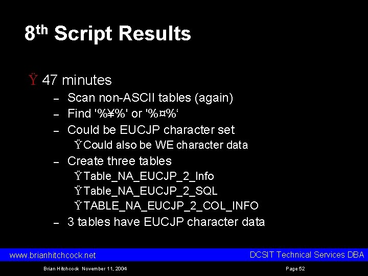 8 th Script Results Ÿ 47 minutes – – – Scan non ASCII tables
