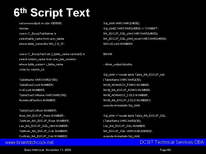 6 th Script Text serveroutput on size 1000000; Sql_stmt VARCHAR 2(4000); declare Sql_stmt 2