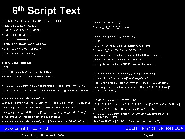 6 th Script Text Sql_stmt : = 'create table Table_NA_EUCJP_Col_Info (Table. Name VARCHAR 2(30),