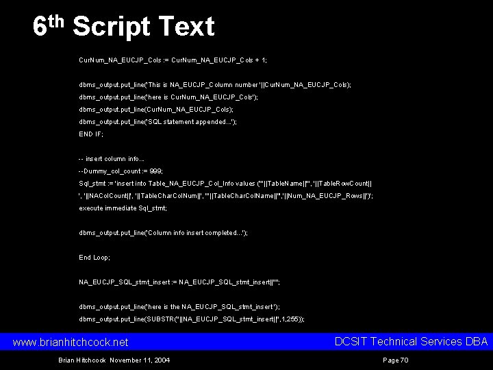 6 th Script Text Cur. Num_NA_EUCJP_Cols : = Cur. Num_NA_EUCJP_Cols + 1; dbms_output. put_line('This