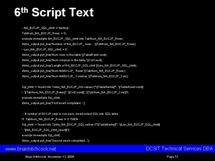 6 th Script Text NA_EUCJP_SQL_stmt : = 'testing'; Tab. Num_NA_EUCJP_Rows : = 0; execute