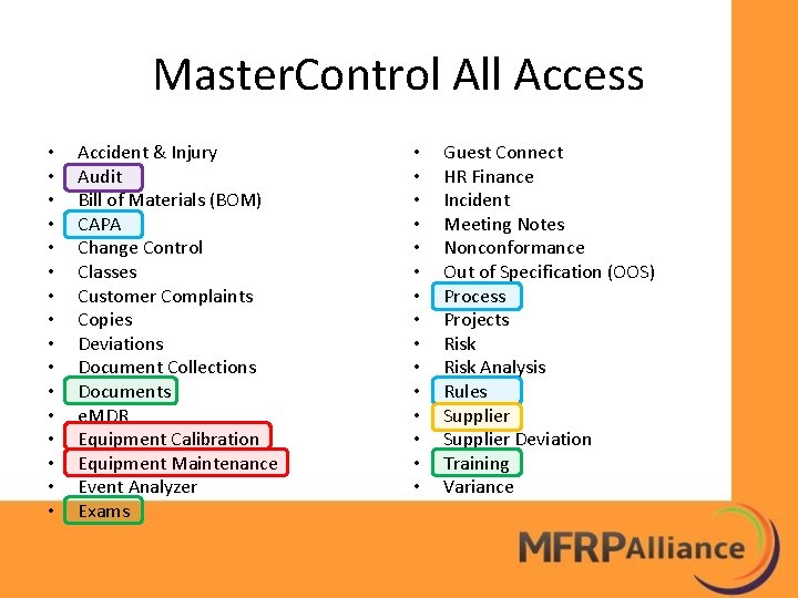 Master. Control All Access • • • • Accident & Injury Audit Bill of