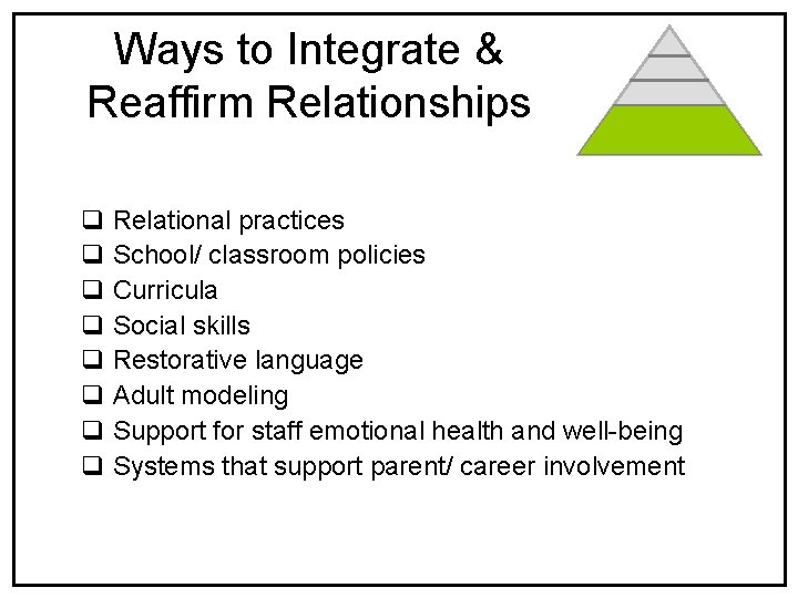 Ways to Integrate & Reaffirm Relationships q Relational practices q School/ classroom policies q