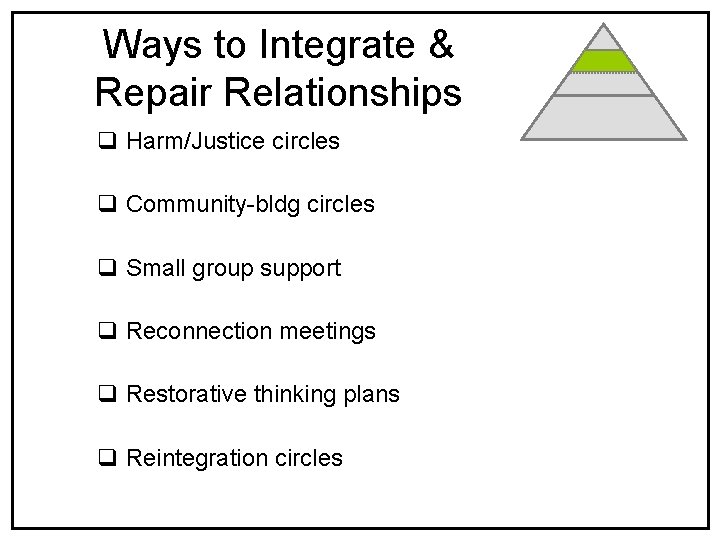 Ways to Integrate & Repair Relationships q Harm/Justice circles q Community-bldg circles q Small