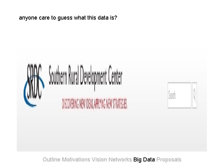 anyone care to guess what this data is? Outline Motivations Vision Networks Big Data