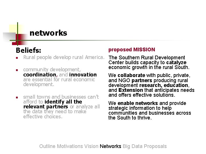 networks Beliefs: n n n proposed MISSION Rural people develop rural America. The Southern