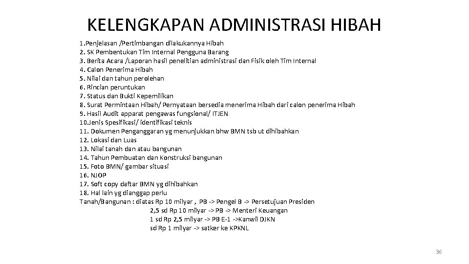 KELENGKAPAN ADMINISTRASI HIBAH 1. Penjelasan /Pertimbangan dilakukannya Hibah 2. SK Pembentukan Tim Internal Pengguna