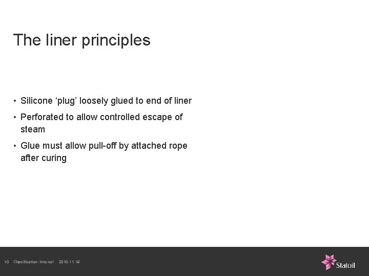 The liner principles • Silicone ‘plug’ loosely glued to end of liner • Perforated