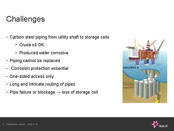 Challenges • Carbon steel piping from utility shaft to storage cells − Crude oil