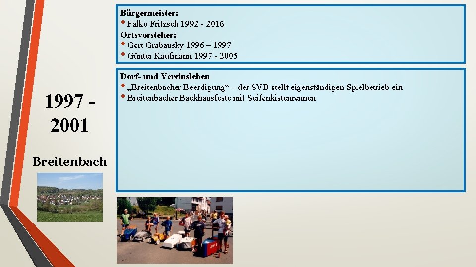 Bürgermeister: • Falko Fritzsch 1992 - 2016 Ortsvorsteher: • Gert Grabausky 1996 – 1997