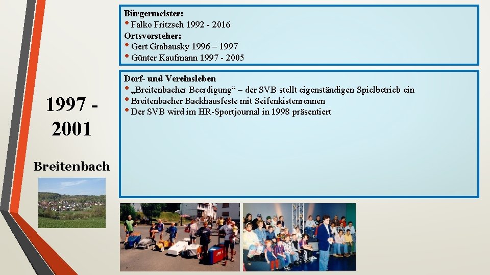 Bürgermeister: • Falko Fritzsch 1992 - 2016 Ortsvorsteher: • Gert Grabausky 1996 – 1997