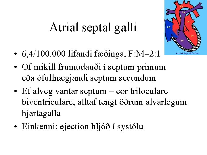 Atrial septal galli • 6, 4/100. 000 lifandi fæðinga, F: M– 2: 1 •