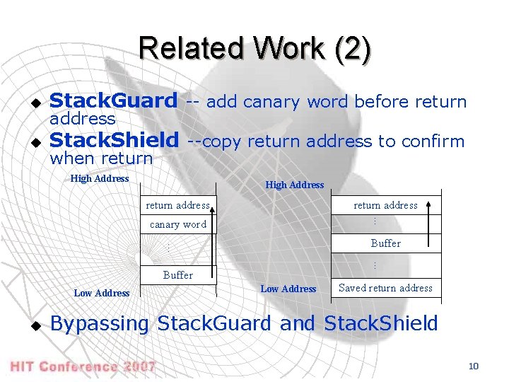 Related Work (2) u Stack. Guard -- add canary word before return u Stack.