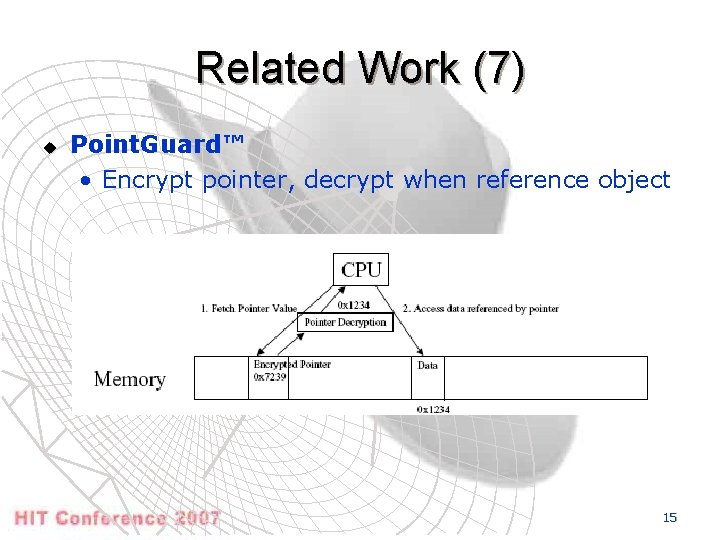 Related Work (7) u Point. Guard™ • Encrypt pointer, decrypt when reference object 15