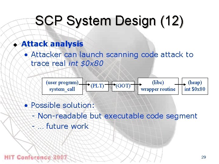 SCP System Design (12) u Attack analysis • Attacker can launch scanning code attack