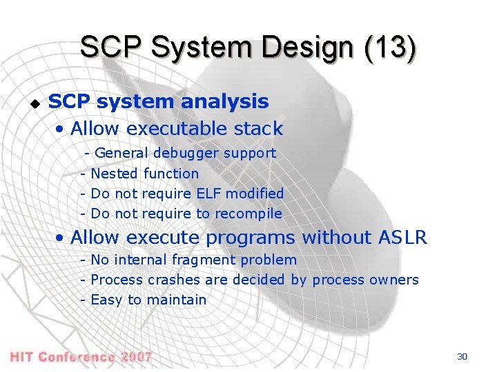 SCP System Design (13) u SCP system analysis • Allow executable stack - General