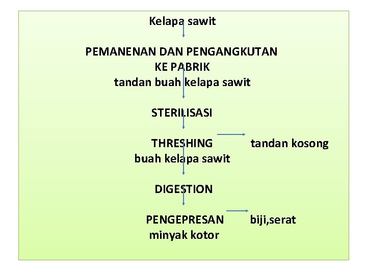  Kelapa sawit PEMANENAN DAN PENGANGKUTAN KE PABRIK tandan buah kelapa sawit STERILISASI THRESHING