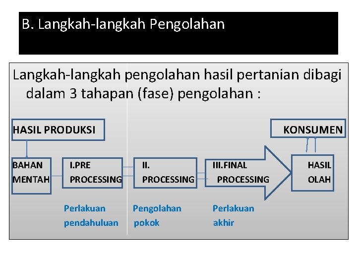 B. Langkah-langkah Pengolahan Langkah-langkah pengolahan hasil pertanian dibagi dalam 3 tahapan (fase) pengolahan :