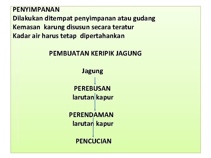 PENYIMPANAN Dilakukan ditempat penyimpanan atau gudang Kemasan karung disusun secara teratur Kadar air harus